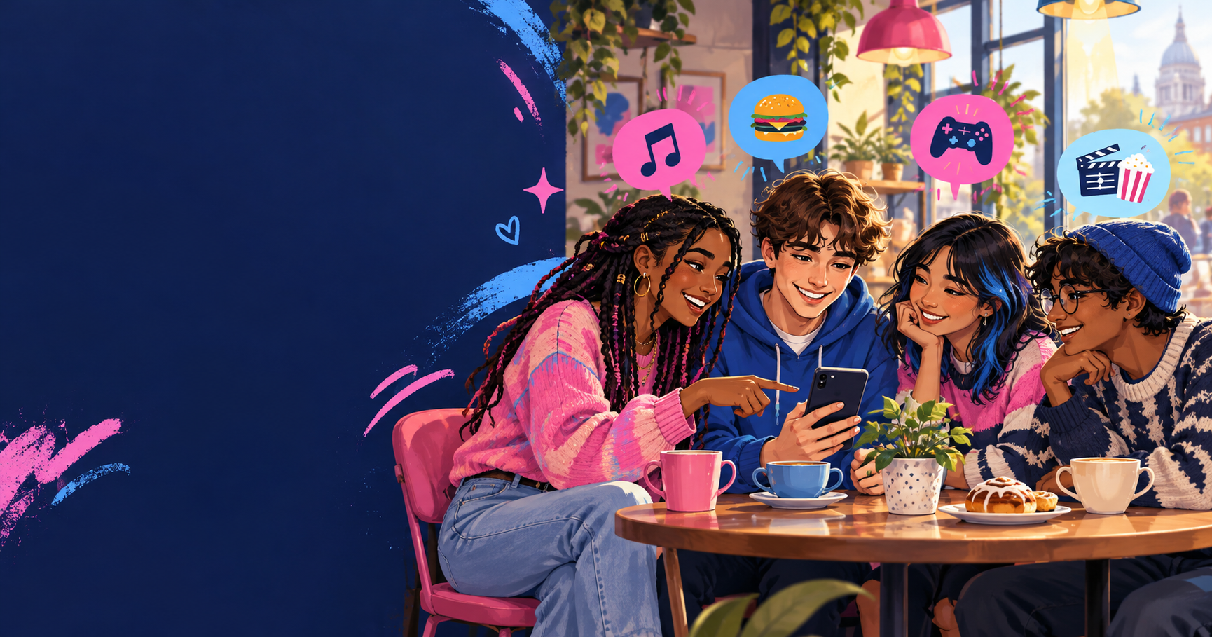 Friends sharing interests on their phones